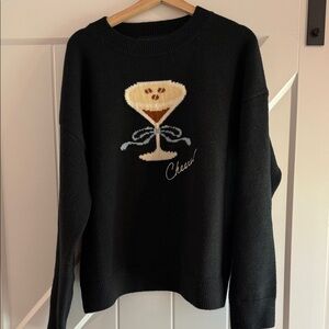 NWOT English Factory Black Crewneck Sweater with Cocktail Motif